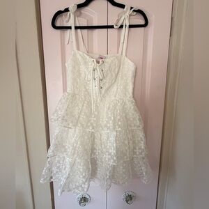 Buddy Love White Lace Tiered Mini Dress with Tie Straps